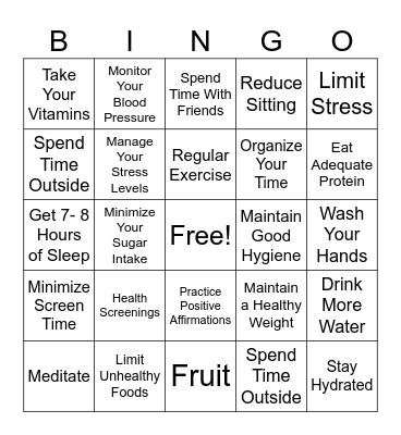 Healthy Living Bingo Card