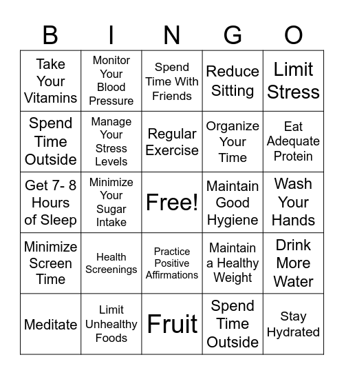 Healthy Living Bingo Card