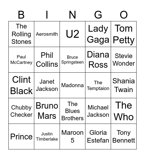Super Bowl Half Time! Bingo Card