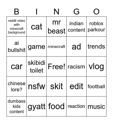 youtube shorts Bingo Card
