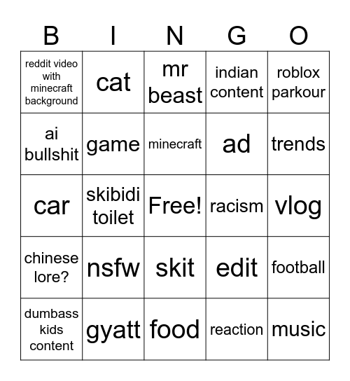 youtube shorts Bingo Card