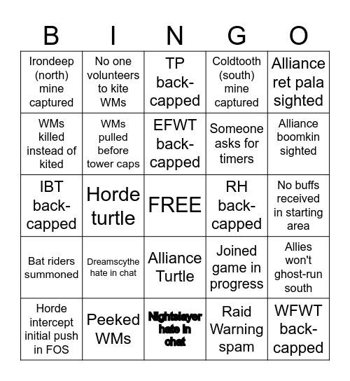 WoW Classic Anniversary Alterac Valley Bingo Card
