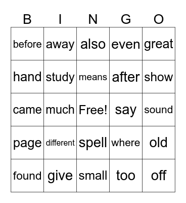 Fry's 2nd 100 Bingo Card