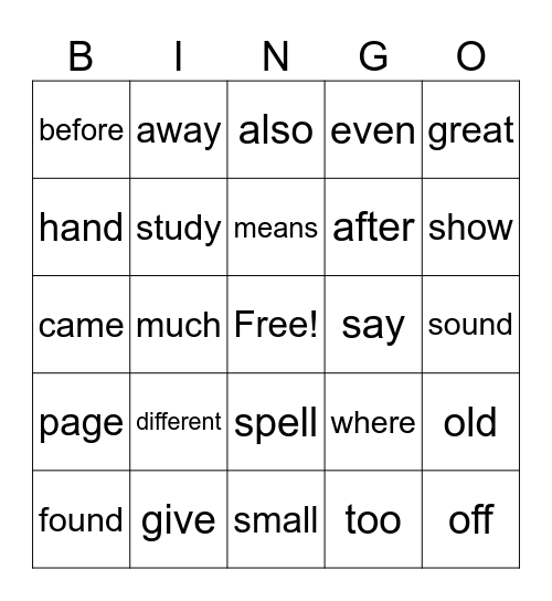 Fry's 2nd 100 Bingo Card
