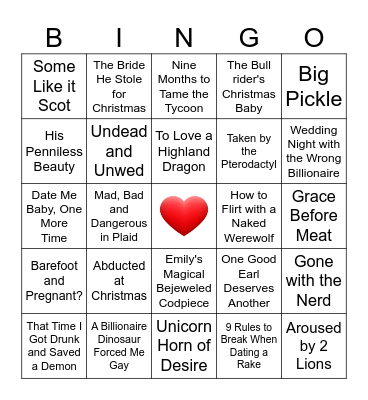 Romance Novel Title-Palooza Bingo Card