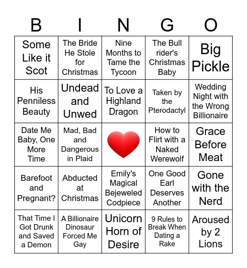 Romance Novel Title-Palooza Bingo Card
