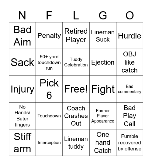NFL Bingo Card
