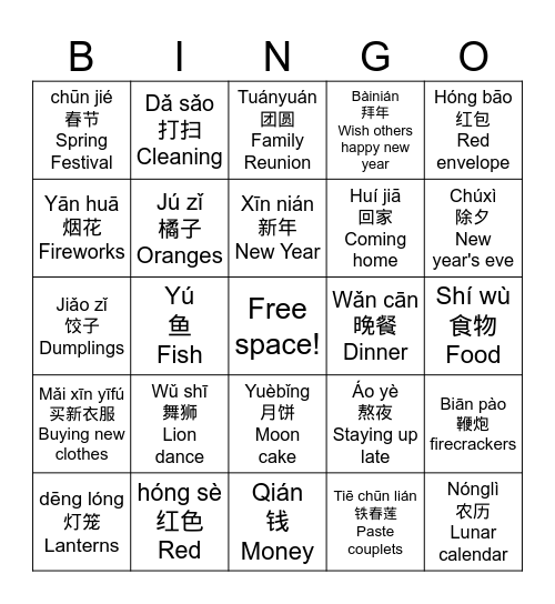 Chinese New Year Traditons Bingo Card