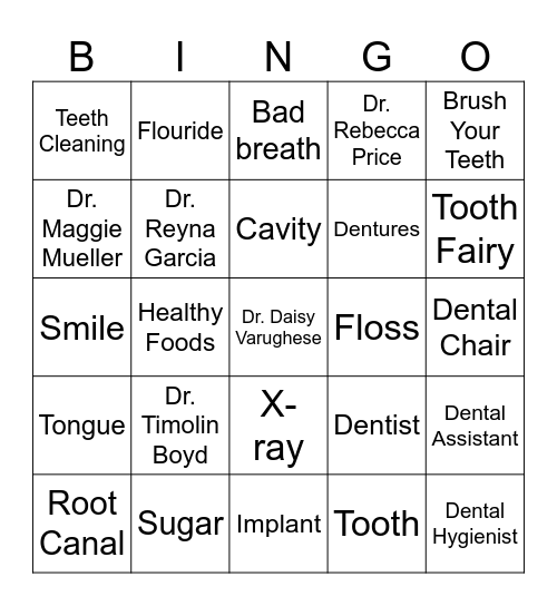 Peds Dental PCHC Bingo Card