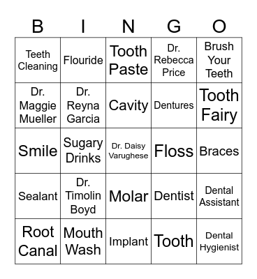 Peds Dental PCHC Bingo Card