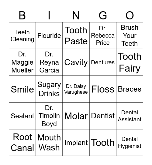 Peds Dental PCHC Bingo Card