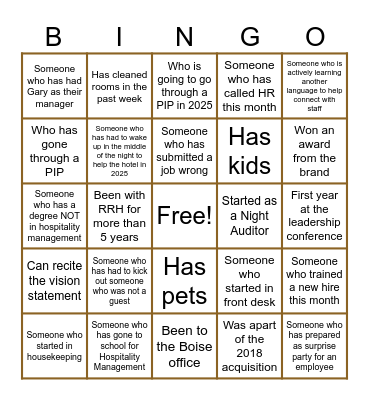 RRH Get to know each other Bingo Card