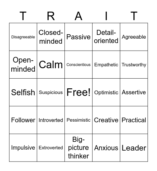 Personality Traits Bingo Card