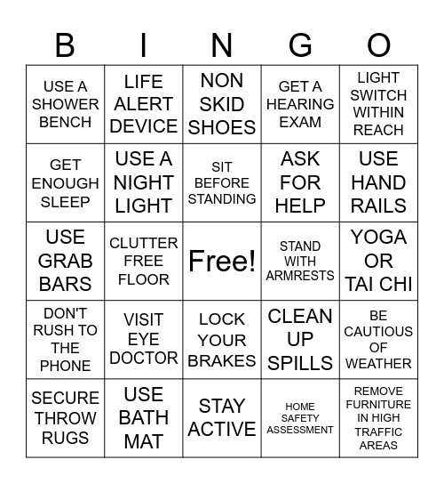 FALL PREVENTION Bingo Card