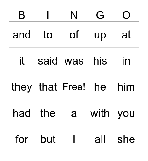 Sight Words Bingo Card