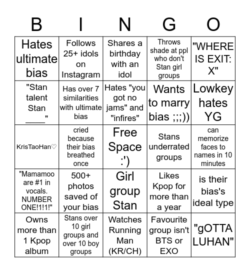 @luhanstan's kpop bingo!1!1 Bingo Card