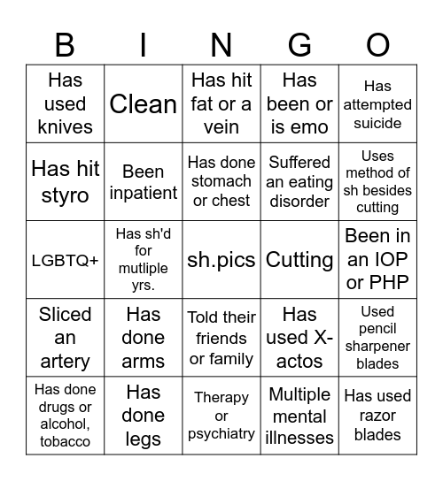 Self-Harm Bingo 2!! Bingo Card
