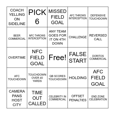 Super Bowl Bingo Card