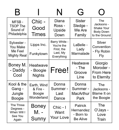 Music Bingo - Pub 72 - Top 75 Disco Songs Bingo Card