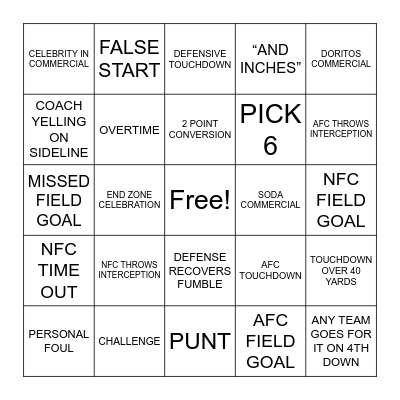 Super Bowl Bingo Card