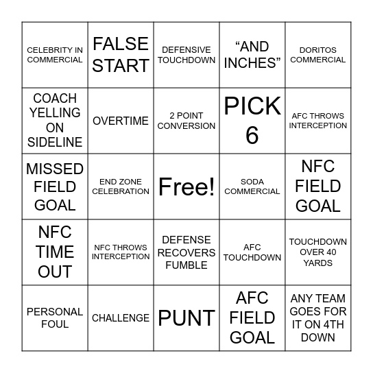 Super Bowl Bingo Card