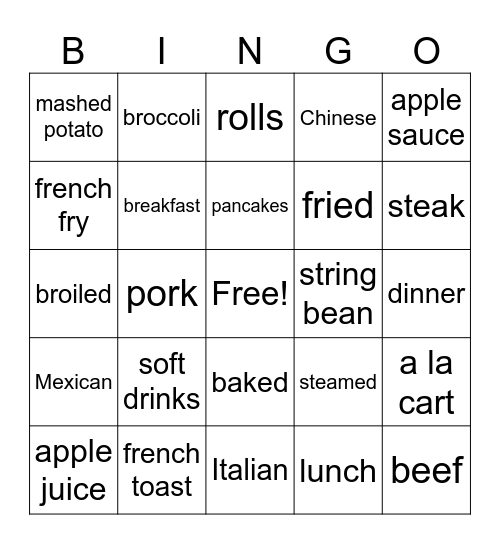 Dining Room Bingo Card