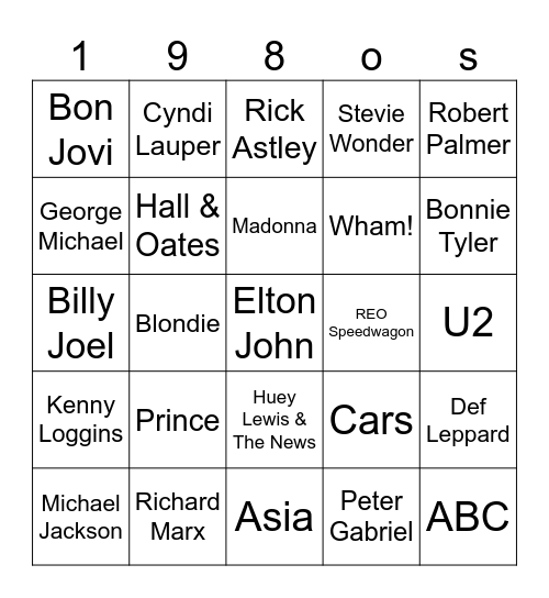 Eighties on Eight Bingo Card