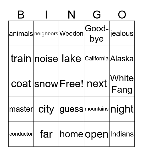 White Fang- Chp. 8-9 Bingo Card