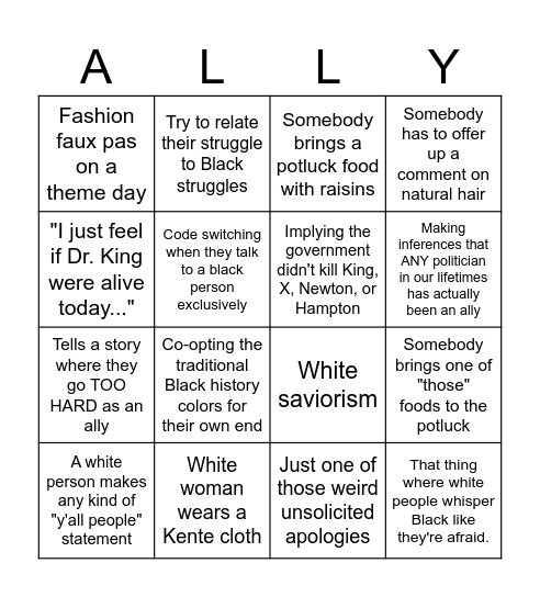 "I'm not a racist, I'm an:" Bingo Card