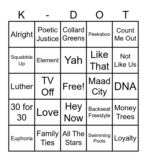K-Dot Bingo Card