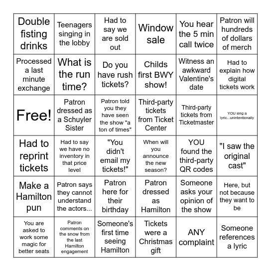 Hamilton Bingo Card
