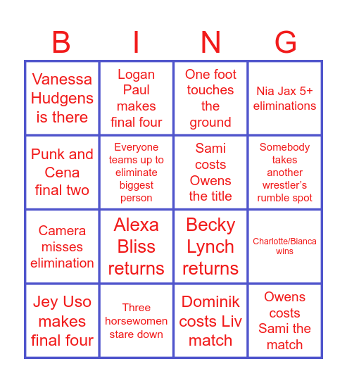 Royal Rumble Bingo Card