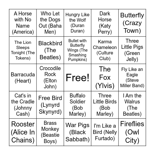 ANIMALS Bingo Card