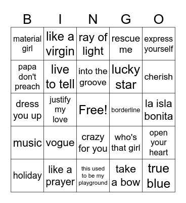 All things Madonna Bingo Card