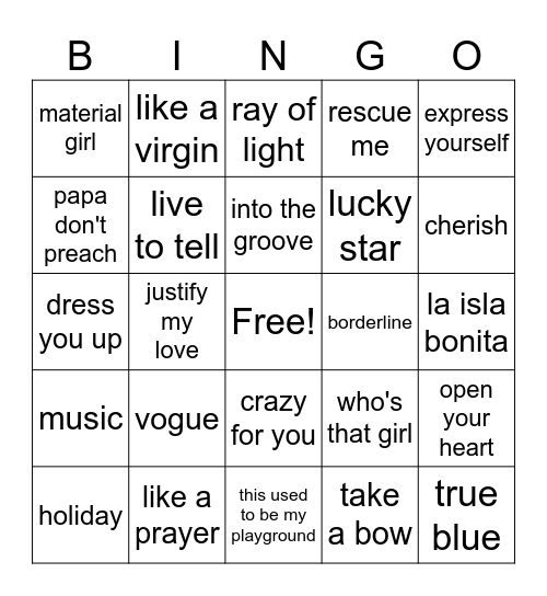 All things Madonna Bingo Card