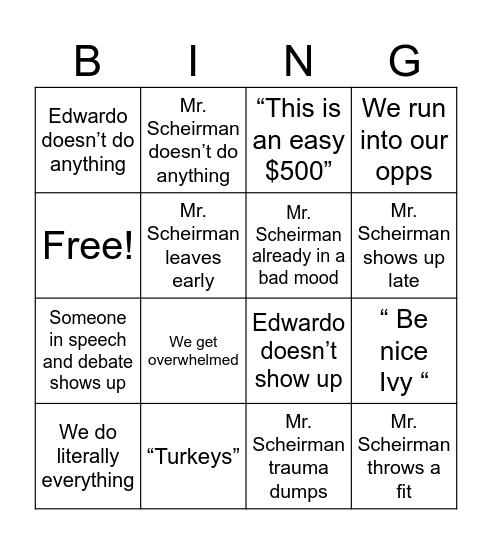 Concessions Bingo Card