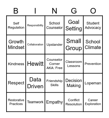 School Counselor Bingo Card