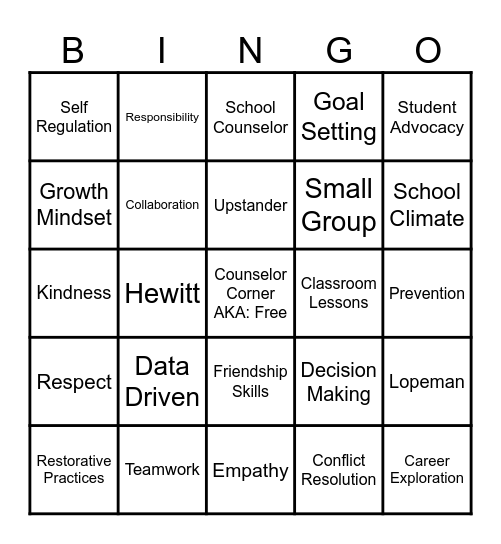 School Counselor Bingo Card