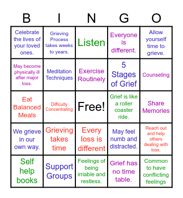 Grief and Resulting Depression Bingo Card