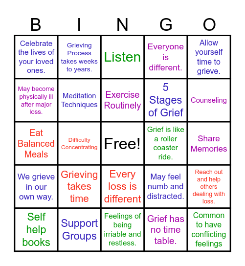 Grief and Resulting Depression Bingo Card