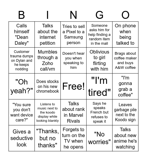Dylan La Rock Johnson Bingo Card