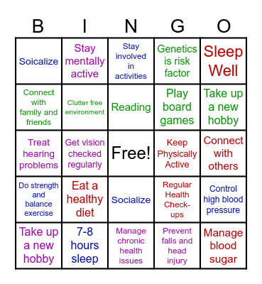 Reducing Dementia Risks Bingo Card