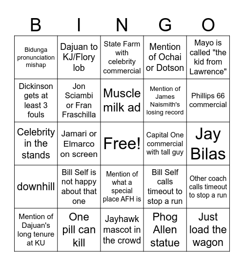 KU Basketball Broadcast Bingo Card