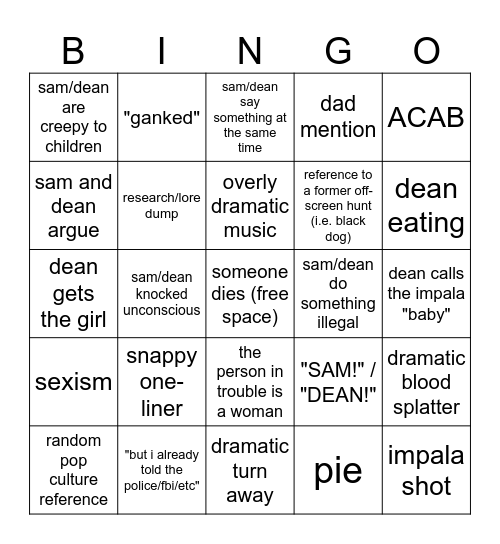 Supernatural Bingo Card