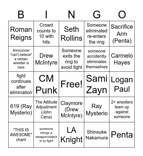 Men's Royal Rumble Bingo Card