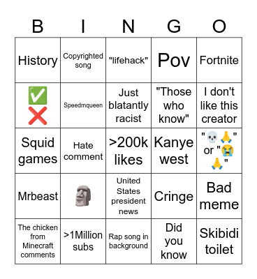 YouTube shorts Bingo Card