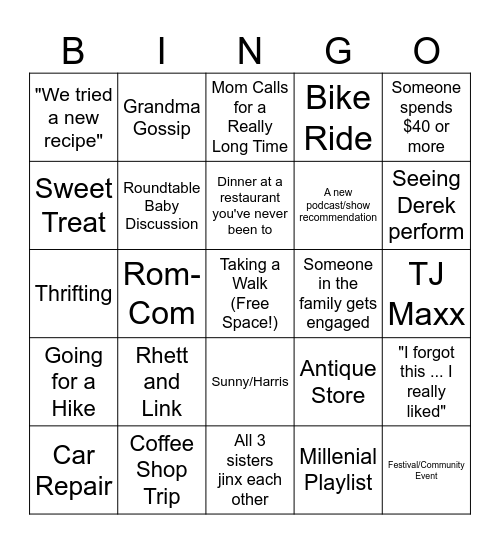 Kloecker Sister Visit Bingo Card