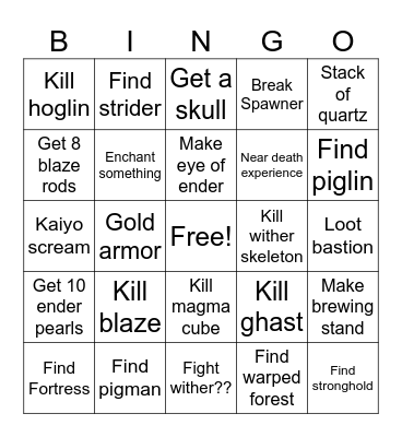 Minecraft Bingo Card
