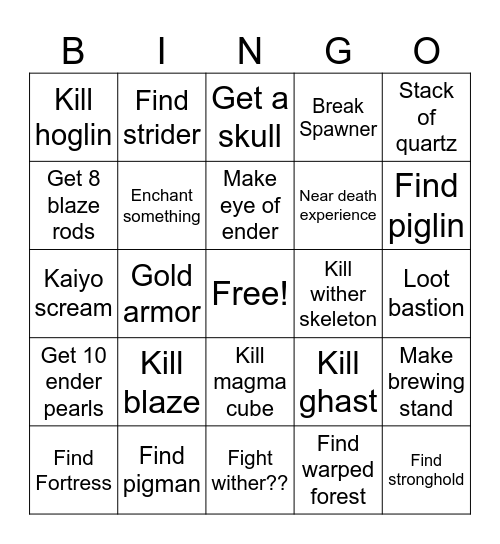 Minecraft Bingo Card