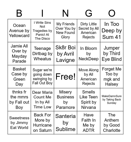 Punk/ Alternative Music Bingo Card